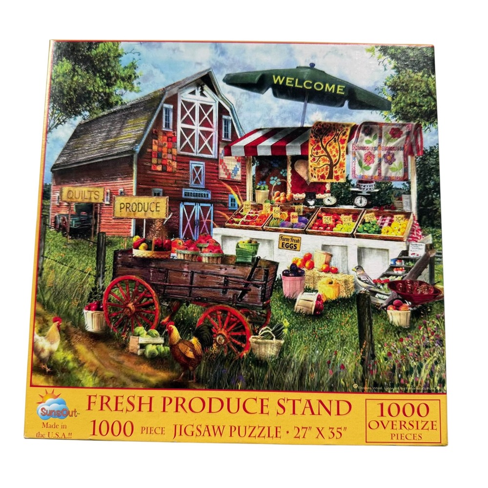 SunsOut Fresh Produce Stand 1000 Piece Jigsaw Puzzle Tom Wood UNCOUNTED